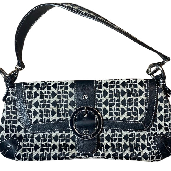 Baguette by The Sac Black Cream Canvas Leather Trim Bag Fuchsia Interior - Picture 1 of 7